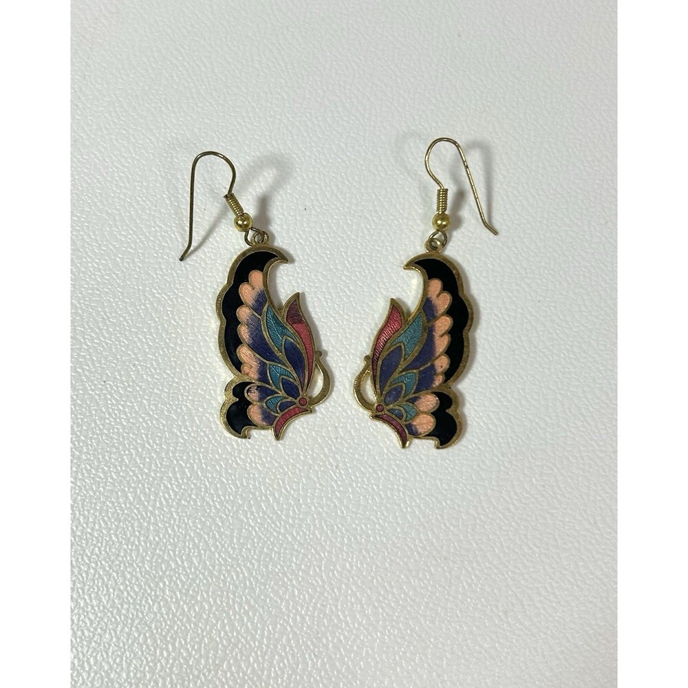 Vintage Cloisonné Enamel Butterfly Dangle Earrings